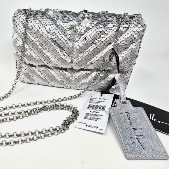 Nicole Miller Silver Sequin Shoulder / Clutch / Crossbody Bag - NWT - Picture 3 of 8